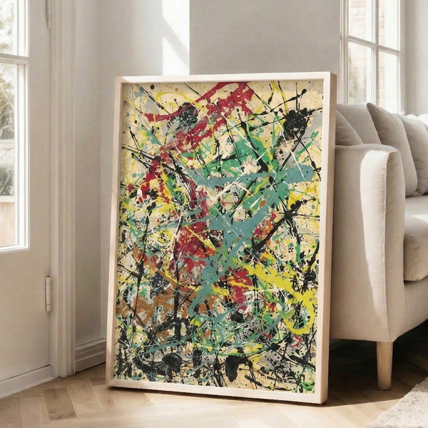 Colorful abstract splatter study showcasing vibrant reds, teals, and yellows with expressive gestural marks on cream ground.