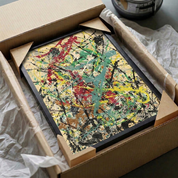Abstract modern art print featuring expressive splatters in saturated reds, greens, and yellows creating chaotic energetic visual composition.