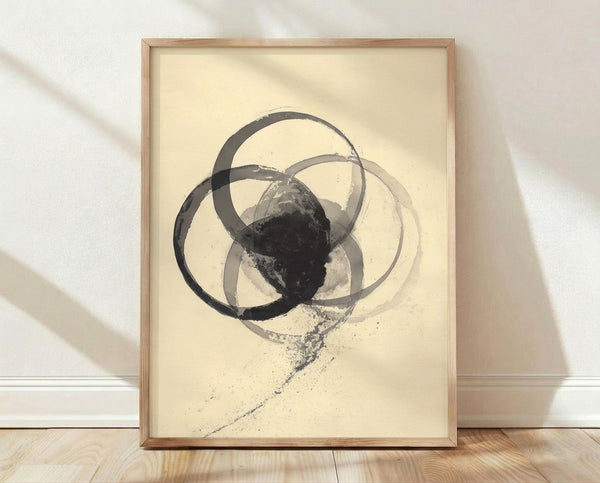 Abstract ink wash poster featuring interlocking circles in charcoal and gray tones on a cream background, creating a minimalist and contemplative composition.