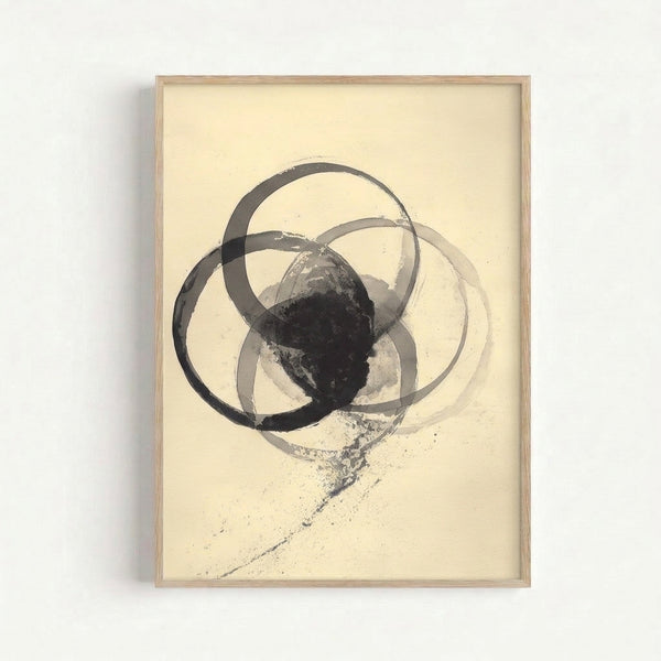 Serene framed art print displaying overlapping geometric circles rendered in soft charcoal ink wash against an off-white field, embodying modern minimalist design.