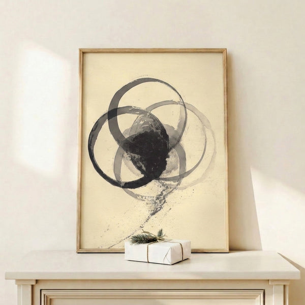 Minimalist wall art showcasing delicate interlocking circles in charcoal and gray tones, painted in an organic ink wash style for a calming, meditative mood.