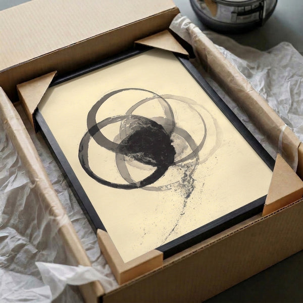 Contemplative ink wash artwork with interlocking circular forms in neutral charcoal and cream tones, presenting a serene minimalist composition for contemporary interiors.