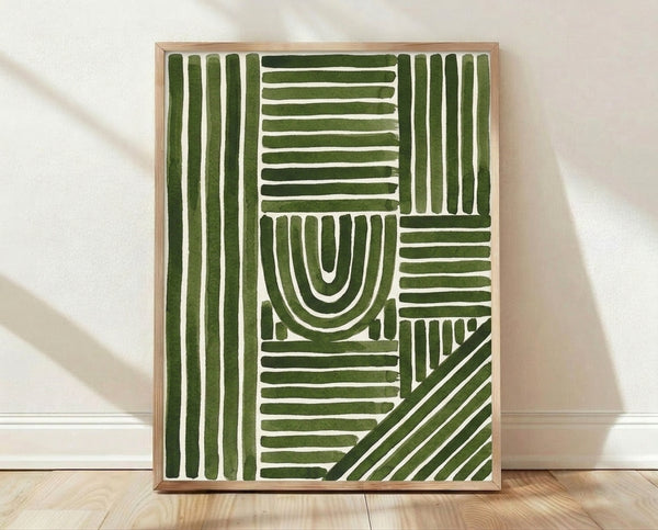 Minimalist abstract poster featuring alternating forest green and cream vertical stripes arranged in a gentle arch, creating a calm and rhythmic composition in contemporary style.