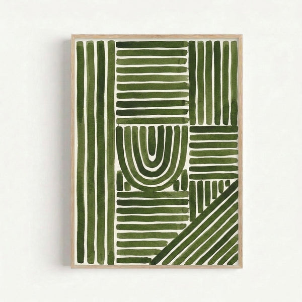 Modern geometric wall art with layered sage and light green strokes forming an abstract arch pattern, evoking a contemplative Japandi aesthetic on cream background.