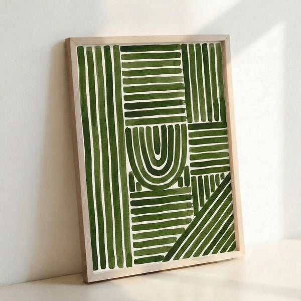 Serene abstract print showcasing organic curved lines in forest green tones against white, embodying minimalist zen design principles for peaceful interior spaces.