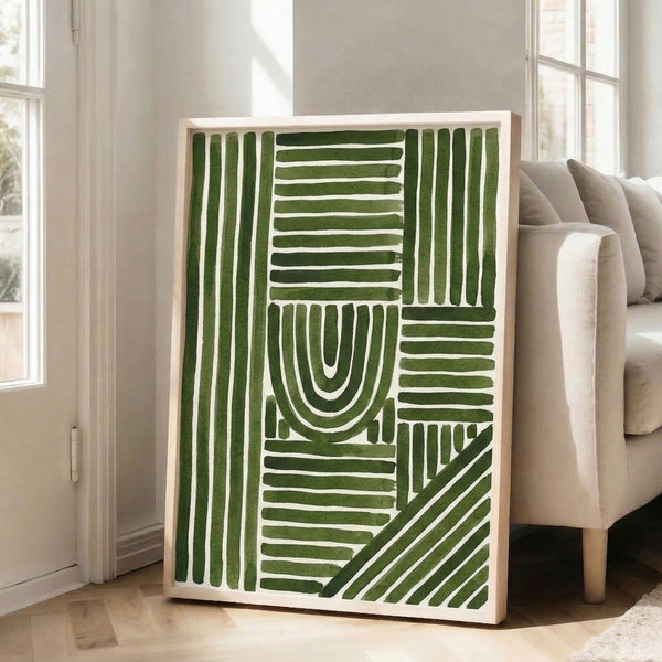 Contemporary art print with rhythmic striped arch motif in varying shades of green and cream, reflecting wabi-sabi inspired minimalism and quiet sophistication.