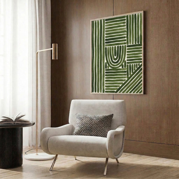Minimalist wall art featuring layered geometric arch composition in calming forest green and cream palette, blending clean lines with understated movement.