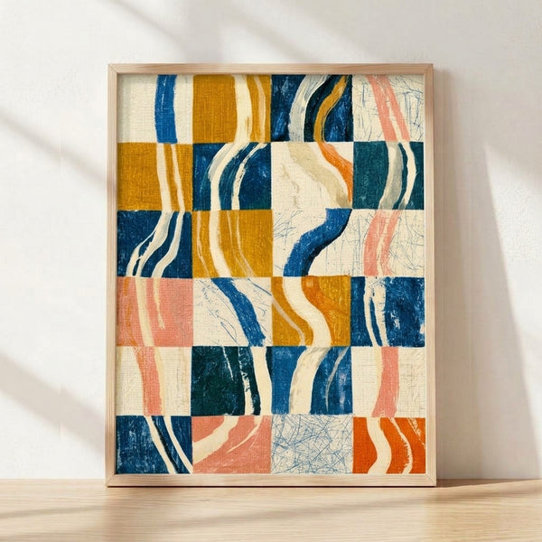 Abstract Bauhaus poster with geometric checkerboard and wave patterns in navy blue, mustard gold, cream, and rust coral, framed on wall in minimalist mid-century modern style.