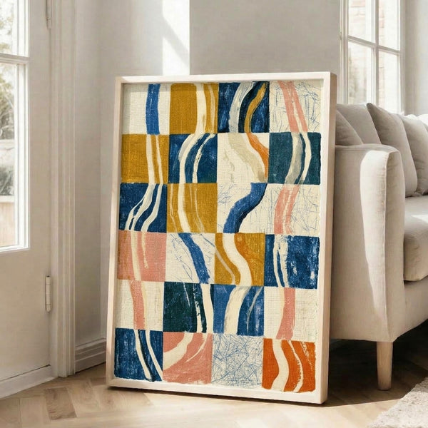 Structured geometric art print featuring navy, teal, and mustard stripes arranged in rhythmic checkerboard formation, capturing Bauhaus design principles in contemporary wall decor.
