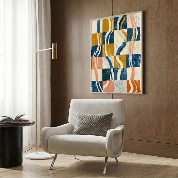 Rhythmic checkerboard wave composition in navy blue, mustard gold, and teal with cream accents, a structured geometric print reflecting mid-century Bauhaus design mounted on wall.