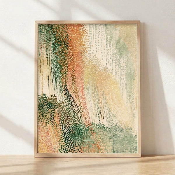 Abstract minimalist poster with soft sage green and coral orange tones punctuated by pale yellow accents, creating a calm meditative composition on a cream background.
