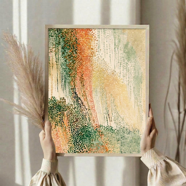 Framed modern art print featuring organic pointillist brushwork in forest green, coral, and cream, evoking a serene zen aesthetic for contemporary home decor.