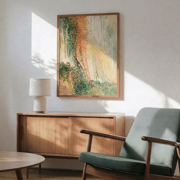 Minimalist abstract poster in muted sage and warm coral hues with subtle yellow touches, conveying tranquil organic movement across a neutral backdrop.