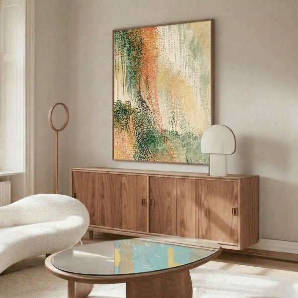 Contemporary wall art combining pointillist technique with abstract forms in complementary greens and coral tones on cream, expressing peaceful contemplative mood.