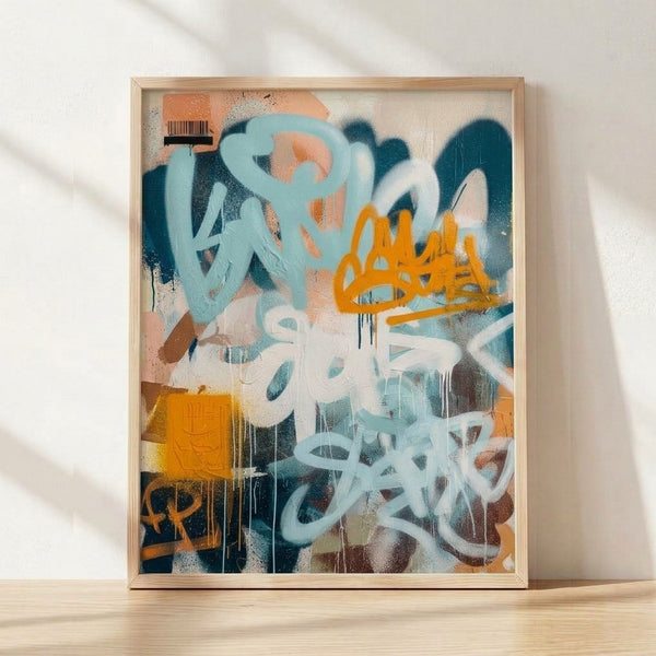 Abstract graffiti poster featuring vibrant spray paint marks, geometric shapes, and a barcode design in light blue, orange, terracotta, and teal on white background, framed on wall.