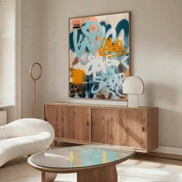 Contemporary abstract graffiti poster combining retro spray paint style, dynamic shapes, and barcode imagery in a bold palette of light blue, terracotta, orange, and dark teal.