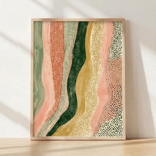 Abstract landscape with soft wavy layers in sage green, blush pink, and cream tones creates a serene, minimalist composition framed on a wall.