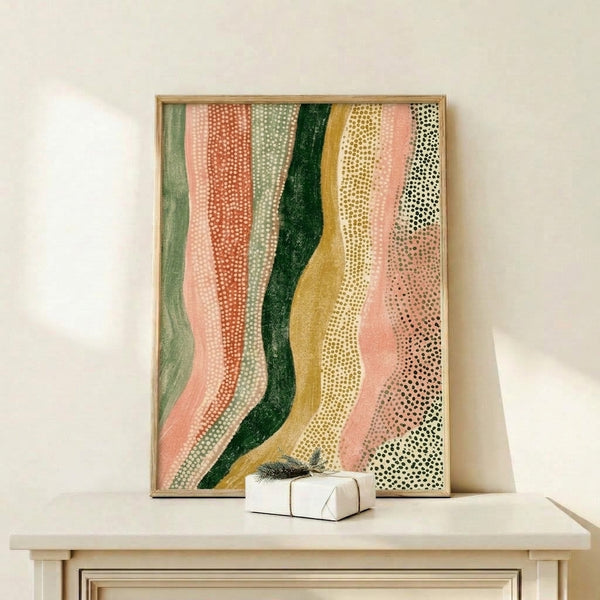 Calm contemporary art print featuring undulating bands of forest green, mustard gold, and pale pink in a modern abstract style.