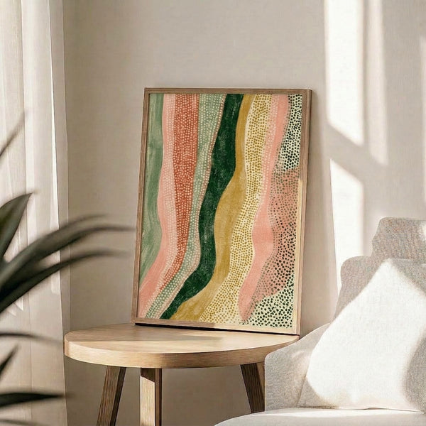 Meditative abstract artwork with flowing layered waves in muted sage and blush hues, displayed as a framed poster with a Japandi aesthetic.