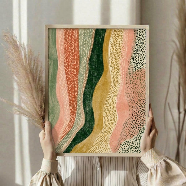 Modern minimalist landscape print using soft organic waves in cream, sage green, and warm gold tones for a peaceful, contemplative mood.