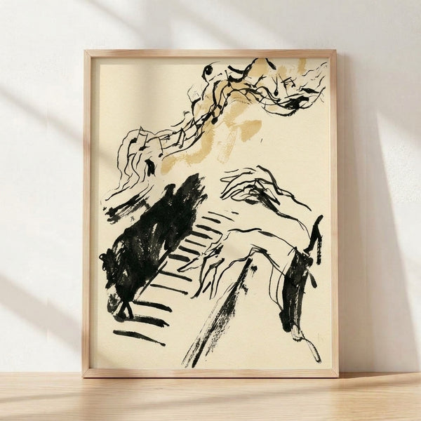 Framed minimalist line art print of pianist hands poised over piano keys in black ink wash on cream background, capturing a contemplative moment of musical artistry.
