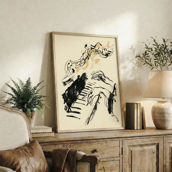 Abstract single-line drawing of hands at piano keys rendered in black ink with tan washes on cream, evoking both the energy and thoughtfulness of musical performance.