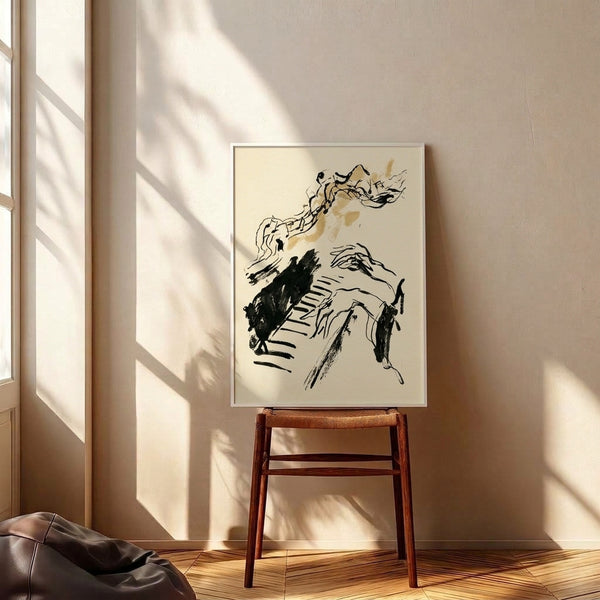 Minimalist ink wash sketch of pianist hands in motion above keyboard, executed in flowing black lines with subtle tan tones on light cream ground, conveying artistic sensibility.