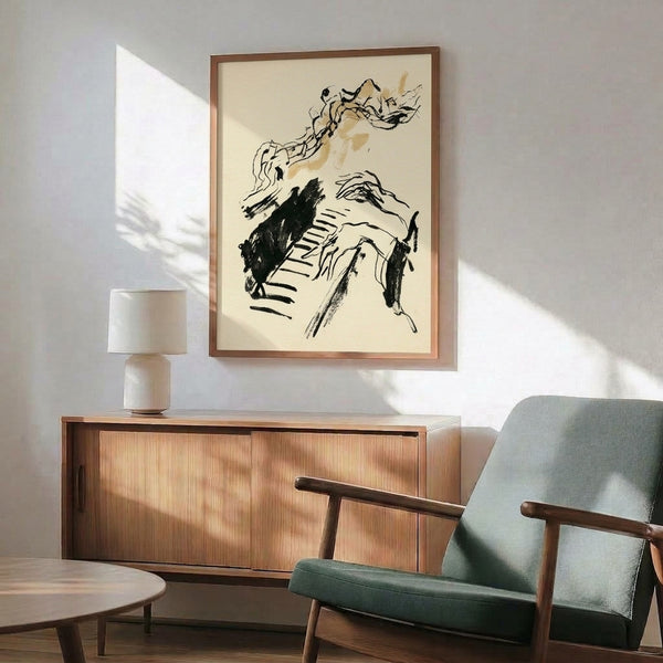 Contemplative black and cream ink line art of hands positioned at piano keys, featuring an abstract minimalist aesthetic that expresses the essence of musical creation on a framed wall print.