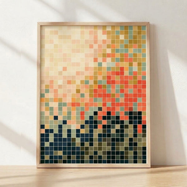 Abstract minimalist poster with a geometric pixel grid gradient transitioning from warm terracotta and cream tones to cool navy and sage green, creating a contemplative, data-driven aesthetic on a framed wall print.