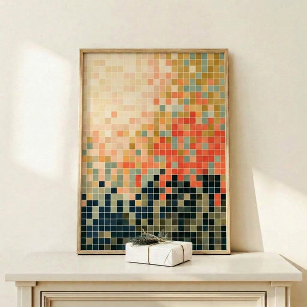 Modern sacred geometry art print featuring a pixelated gradient design in cream, terracotta, sage green, and navy with gold accents, evoking a serene, wabi-sabi inspired mood.