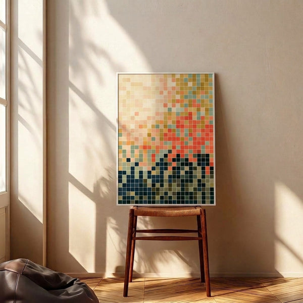 Framed abstract wall art displaying a minimalist pixel grid that shifts through warm earth tones to cool jewel tones, blending geometric precision with contemplative simplicity.