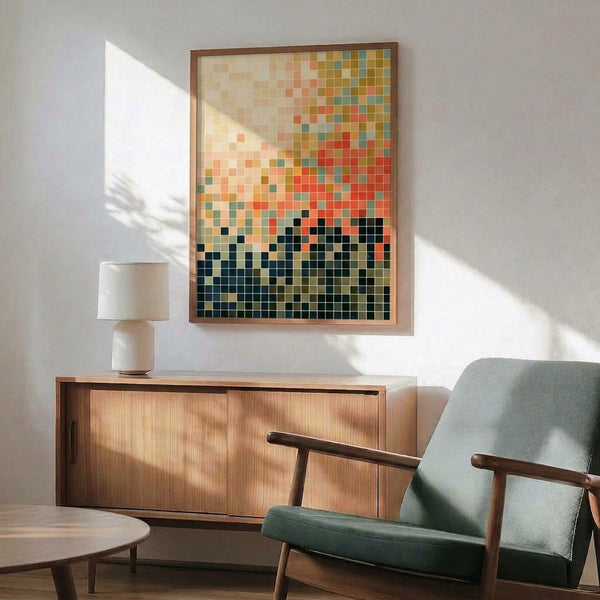 Contemporary geometric poster in cream, terracotta, and navy with sage green and gold details, showing an abstract pixelated gradient that balances modern minimalism with meditative calm.