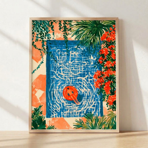 Modern minimalist poster featuring an abstract poolside scene with coral and red-orange swimmer silhouettes, cobalt blue water, and lush forest green botanical elements, evoking a serene summery escape.