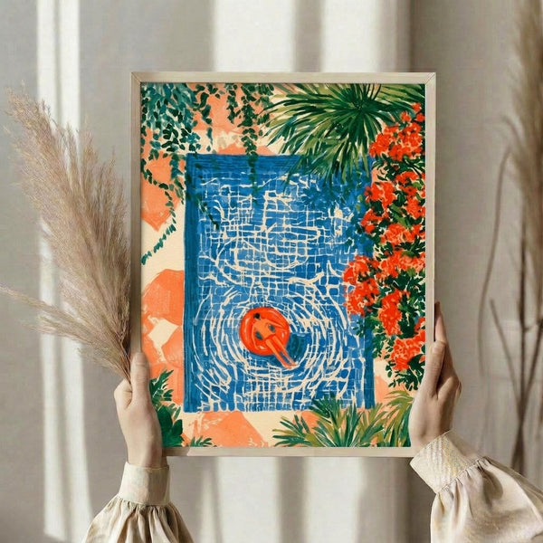 Contemporary art print depicting an abstract garden pool composition in vibrant coral, deep blue, and forest green tones with minimalist botanical blooms and water elements creating a tranquil mood.