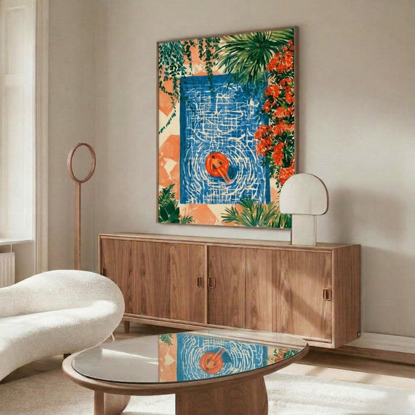 Framed abstract botanical poster showing a stylized poolside garden with cream, coral, and cobalt blue palette, blending minimalist florals and water forms in a serene, summery aesthetic.