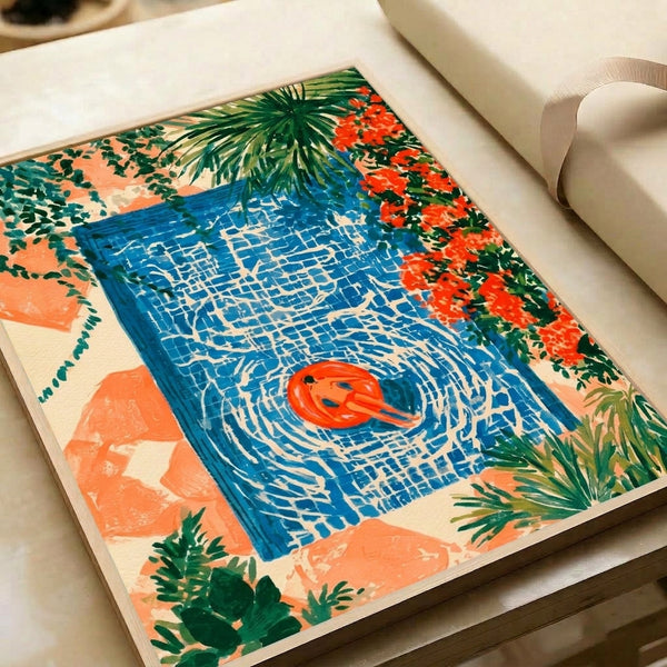 Modern minimalist wall art print capturing an abstract aquatic garden scene in vibrant coral-orange, forest green, and cobalt blue with botanical elements, radiating peaceful summery vibes.