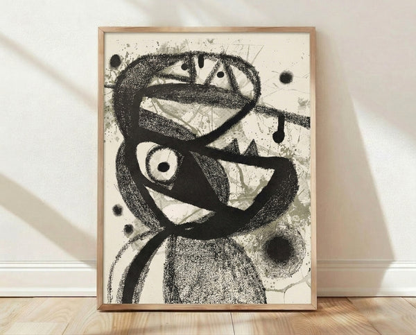 Abstract ink figure with expressive face and eyes in black and gray tones on cream background, modern surreal wall art print.