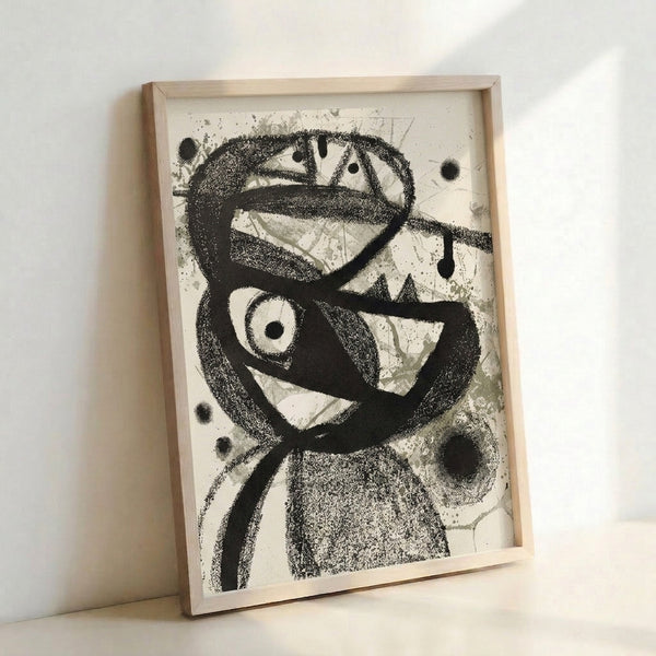 Mysterious abstract figure rendered in black ink with experimental line work and bold eyes, contemporary art print on beige.