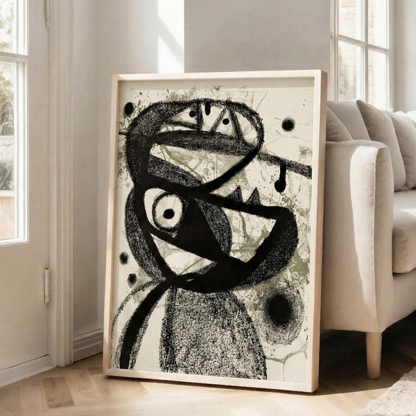 Modern surreal ink composition featuring an enigmatic face with stark geometric elements in cream and charcoal tones.