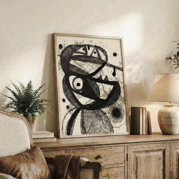 Contemporary abstract portrait with expressive eyes and fluid ink marks in grayscale, experimental wall art print.