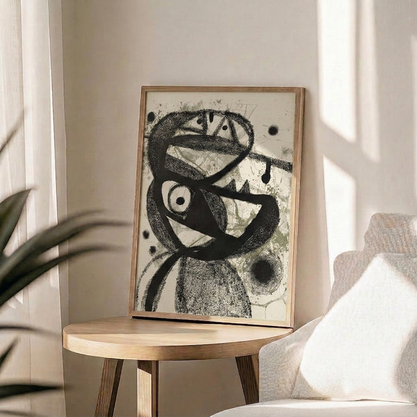 Surreal ink figure with contemplative gaze rendered in bold black lines on neutral cream background, modern poster art.
