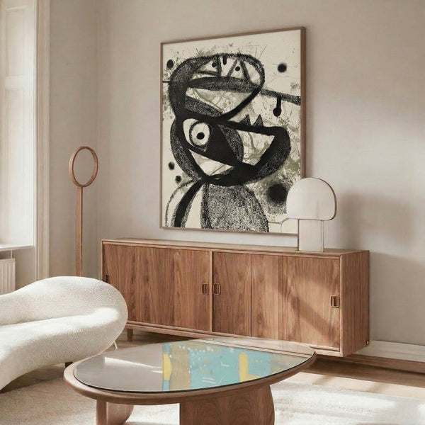 Abstract head study in black ink with mysterious expression and geometric abstraction, contemporary framed print in muted tones.