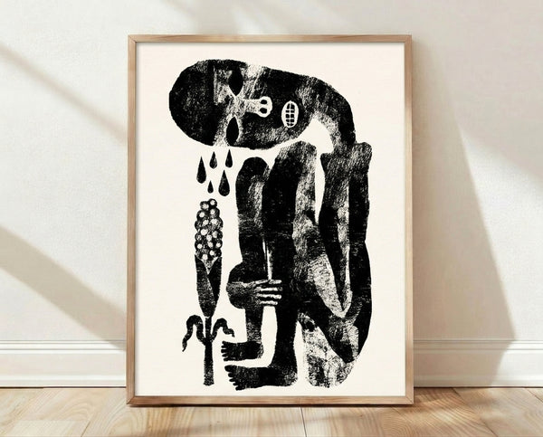Abstract linocut print featuring a melancholic weeping figure with organic plant forms and rain, rendered in bold black lines on cream background.