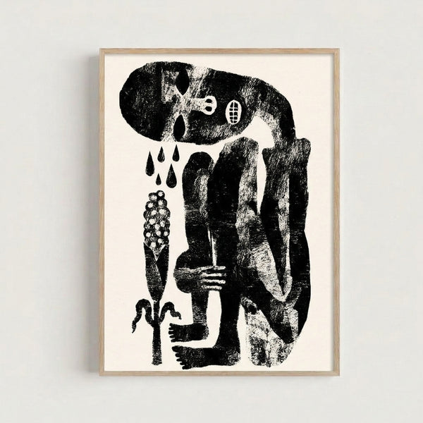Surreal line art poster depicting an introspective figure amid flowing botanical shapes and window motifs, executed in stark black and white linocut style.