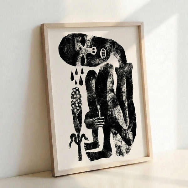 Dreamlike abstract print showing a solitary figure with rain and tree-like elements interwoven, created using expressive black linework on light background.