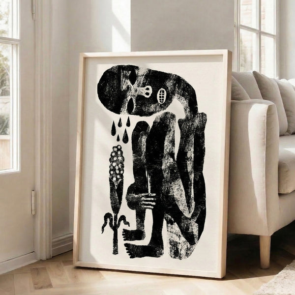 Melancholic linocut artwork with an emotional figure surrounded by house and plant imagery, composed in high-contrast black and cream tones.