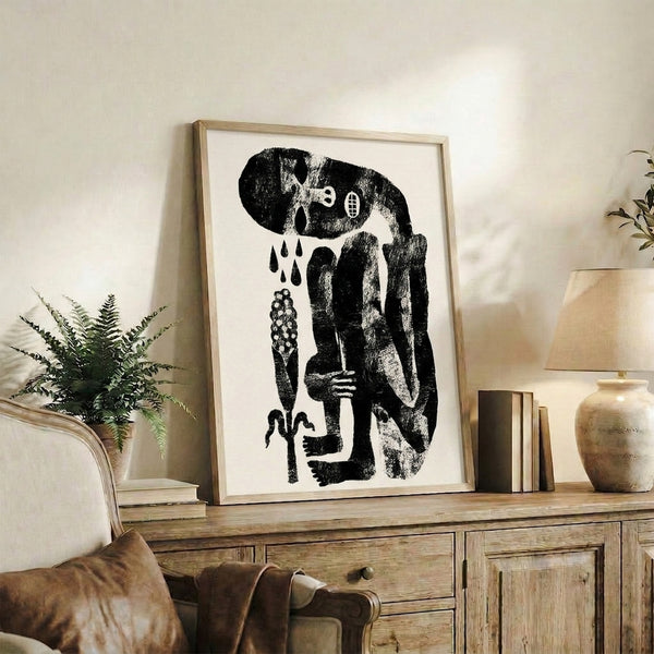 Introspective abstract poster combining a weeping figure, botanical forms, and architectural elements in bold black line art on white ground.