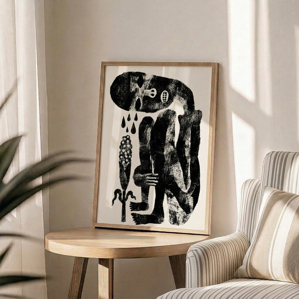 Surreal black and cream linocut print depicting rain, figure, and organic growth motifs with a contemplative, dreamlike atmosphere.