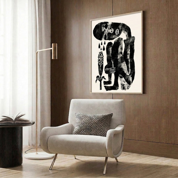 Abstract art print in stark linocut style showing an emotional figure amid intertwined plants, rain, and home imagery on neutral background.