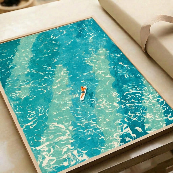 Modern adventurous ocean art print featuring a lone surfer amid calm turquoise waters rendered in soft watercolor with cream and coral touches in minimalist style.
